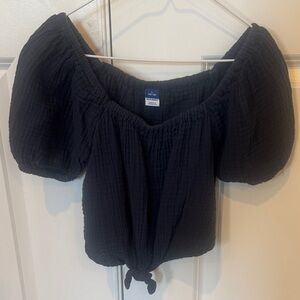 Navy Puff-Sleeve Cotton Gauze Tie-Front Crop Top